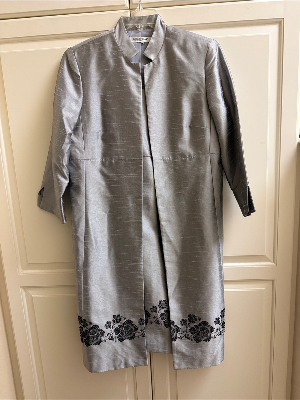 Coldwater Creek Silver Evening Dress with Matching Coat  with Black Floral Hem